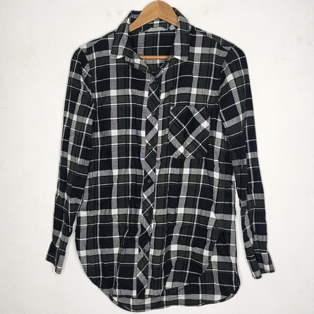 Athleta Womens Plaid Button Up Shirt Size XS Green Black Check Long Sleeve